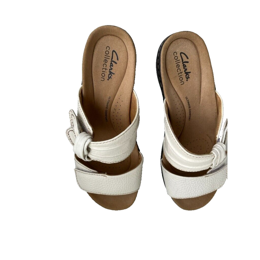 NWT Women's Clarks Platform heel 2" Sandal White comfort Leather Bow Size-6.5